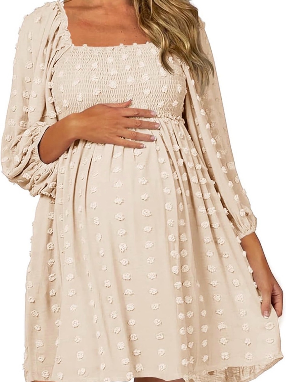 Cream Swiss Dot Smocked Maternity Dress - Long Sleeve Women's Medium